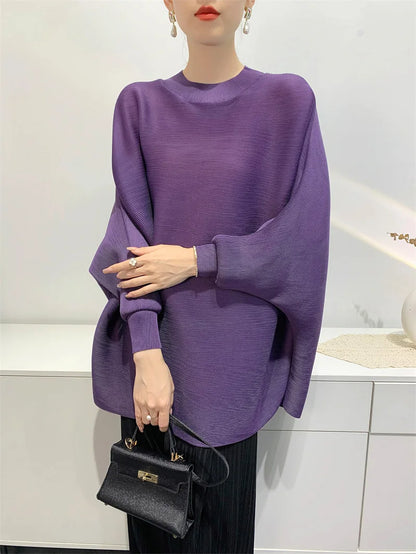 TAMBREET GVUW Pleated T Shirt Women Full Batwing Sleeve Loose Solid Color Stand Collar Versatile Casual Female New 2025 Clothing 17G6648