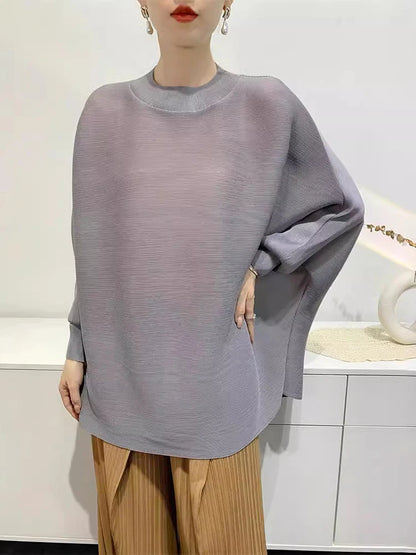 TAMBREET GVUW Pleated T Shirt Women Full Batwing Sleeve Loose Solid Color Stand Collar Versatile Casual Female New 2025 Clothing 17G6648