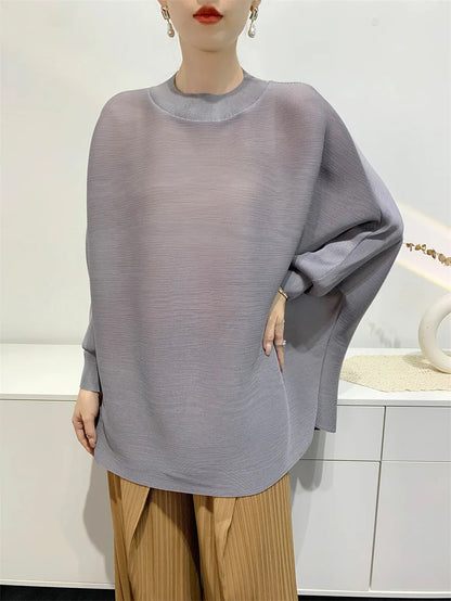 TAMBREET GVUW Pleated T Shirt Women Full Batwing Sleeve Loose Solid Color Stand Collar Versatile Casual Female New 2025 Clothing 17G6648