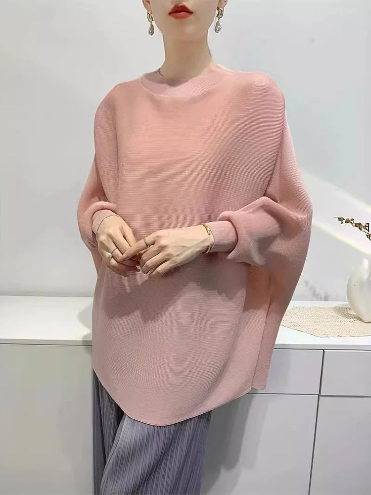 TAMBREET GVUW Pleated T Shirt Women Full Batwing Sleeve Loose Solid Color Stand Collar Versatile Casual Female New 2025 Clothing 17G6648