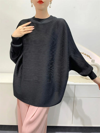 TAMBREET GVUW Pleated T Shirt Women Full Batwing Sleeve Loose Solid Color Stand Collar Versatile Casual Female New 2025 Clothing 17G6648