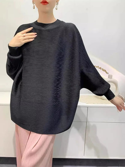 TAMBREET GVUW Pleated T Shirt Women Full Batwing Sleeve Loose Solid Color Stand Collar Versatile Casual Female New 2025 Clothing 17G6648