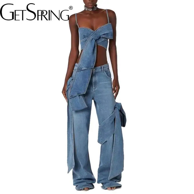 TAMBREET GetSpring Women Denim Pants Sets 2024 Vintage 3D Bow Strapless Backless Sexy Crop Tops Straight Wide Leg Jeans Two Pieces Sets