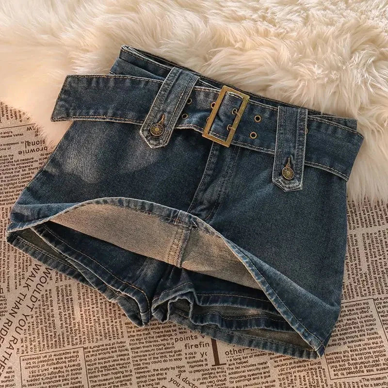 TAMBREET  Gidyq Vintage Women Denim Mini Skirts Summer Solid Belt Sexy Jeans Skirts Female Casual Ball Gown Korean Slim A Line Skirts New