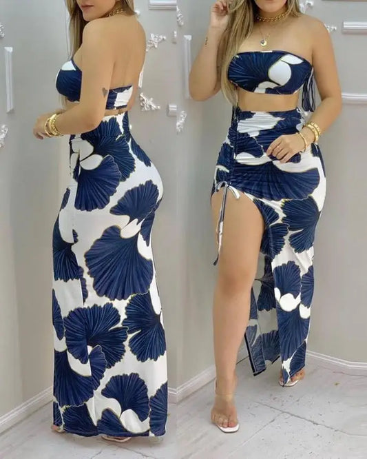 TAMBREET Ginkgo Print Bandeau Crop Top & Drawstring High Slit Skirt Set Two Peice Set for Women Casual New Fashion 2024 Summer Sexy