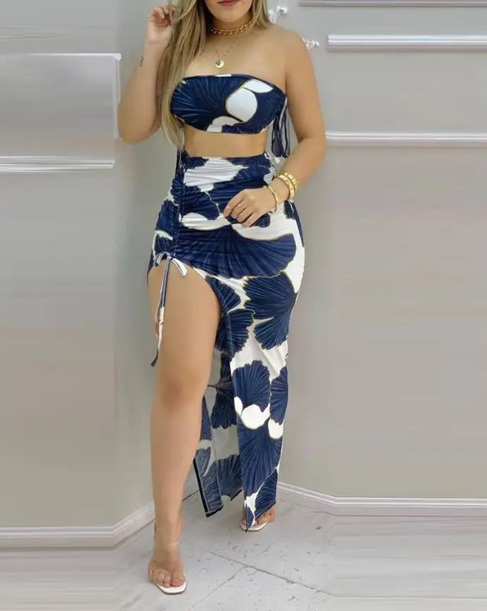 TAMBREET Ginkgo Print Bandeau Crop Top & Drawstring High Slit Skirt Set Two Peice Set for Women Casual New Fashion 2024 Summer Sexy