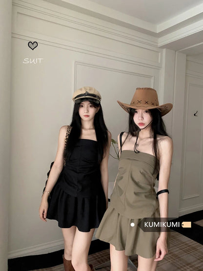 TAMBREET GkyocQ Korean Fashion Hot Sexy Girls Two Piece Skirt Sets Slim Chest Wrapping Tops + A Line Mini Skirt Femlae New Summer Outfit