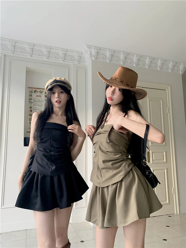 TAMBREET GkyocQ Korean Fashion Hot Sexy Girls Two Piece Skirt Sets Slim Chest Wrapping Tops + A Line Mini Skirt Femlae New Summer Outfit