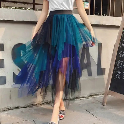 TAMBREET Gradient Color Irregular Tulle Skirt Spring and Summer High Waist Bubble Skirt Long Woman Skirts Mujer Faldas Saias Mulher