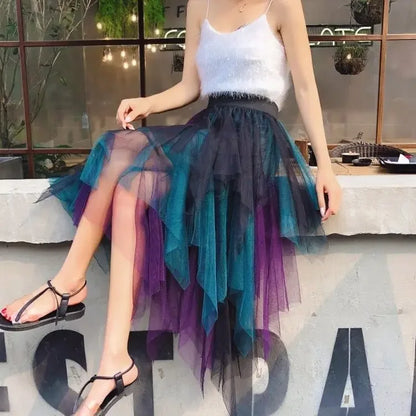 TAMBREET Gradient Color Irregular Tulle Skirt Spring and Summer High Waist Bubble Skirt Long Woman Skirts Mujer Faldas Saias Mulher