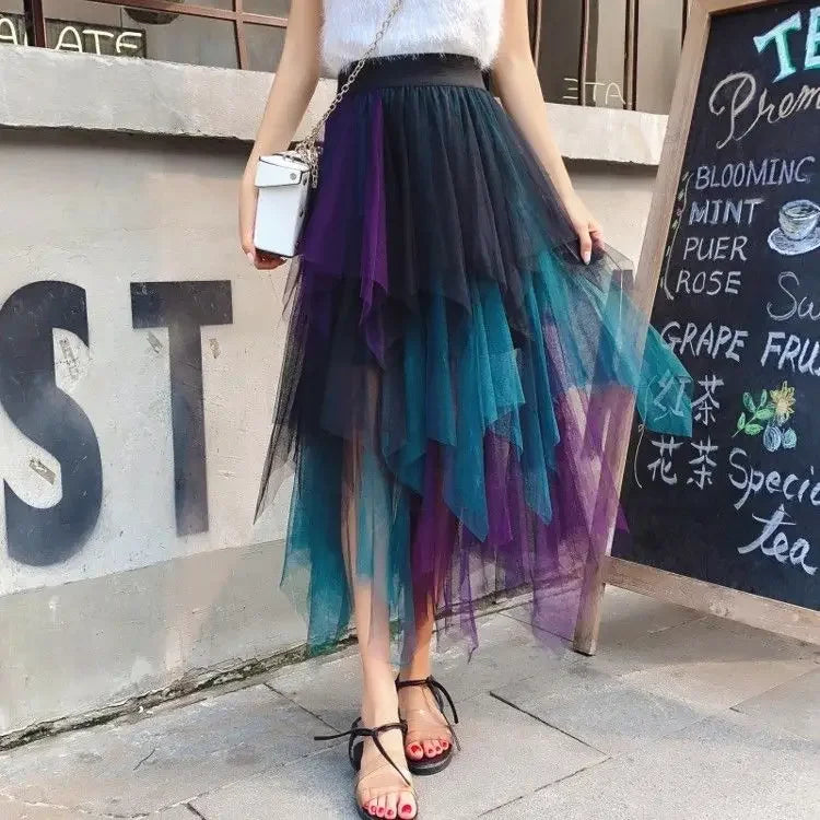 TAMBREET Gradient Color Irregular Tulle Skirt Spring and Summer High Waist Bubble Skirt Long Woman Skirts Mujer Faldas Saias Mulher