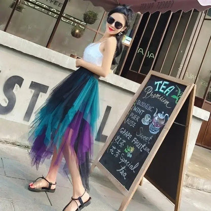 TAMBREET Gradient Color Irregular Tulle Skirt Spring and Summer High Waist Bubble Skirt Long Woman Skirts Mujer Faldas Saias Mulher