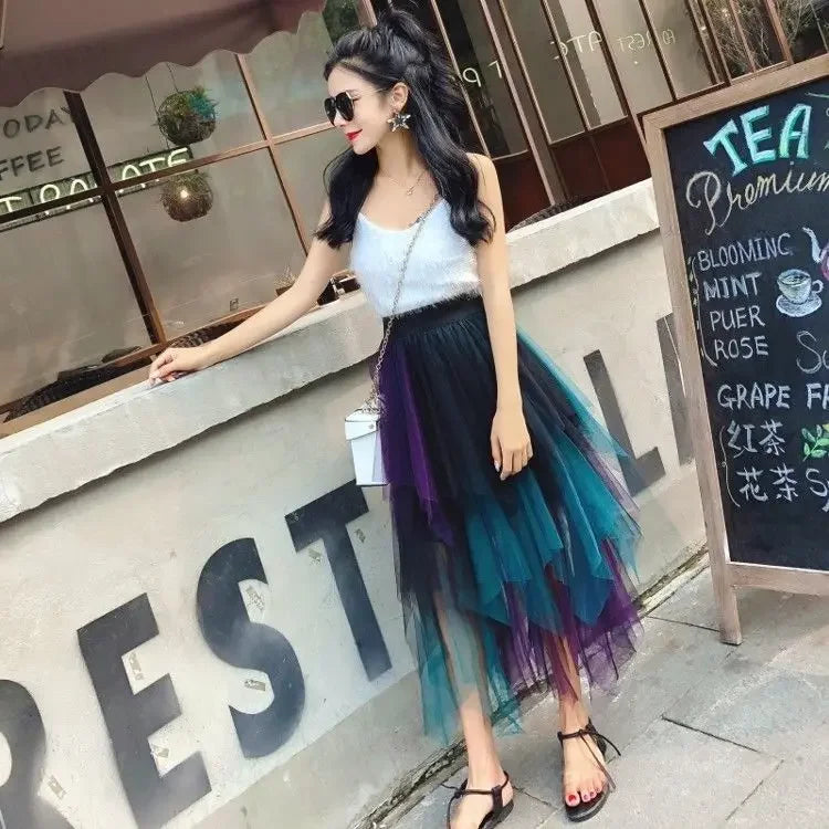 TAMBREET Gradient Color Irregular Tulle Skirt Spring and Summer High Waist Bubble Skirt Long Woman Skirts Mujer Faldas Saias Mulher