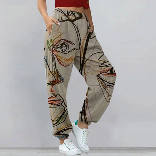 TAMBREET Graffiti Face Art Print Harem Pants Casual High Waist Elastic Long Length Pants With Pockets Women Fashion Sweatpants