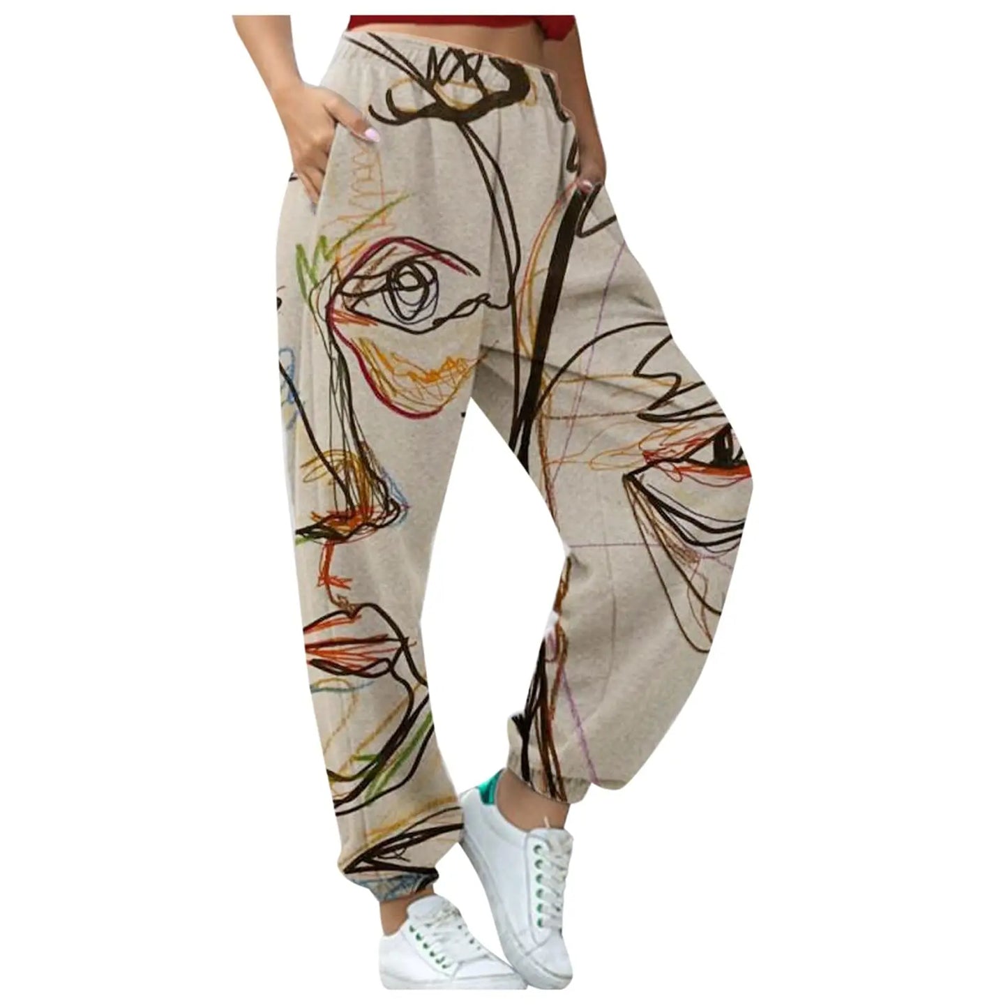 TAMBREET Graffiti Face Art Print Harem Pants Casual High Waist Elastic Long Length Pants With Pockets Women Fashion Sweatpants