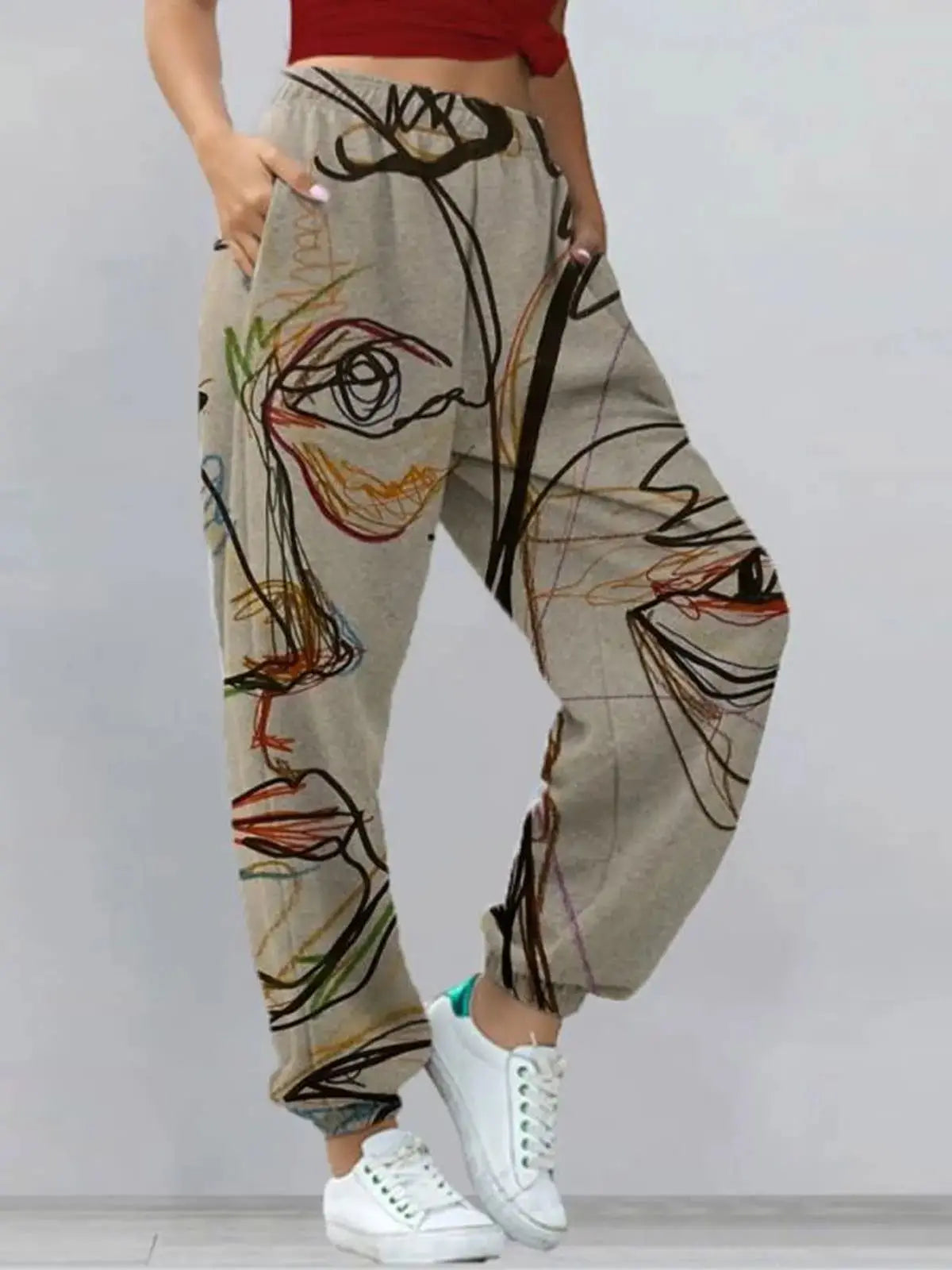 TAMBREET Graffiti Face Art Print Harem Pants Casual High Waist Elastic Long Length Pants With Pockets Women Fashion Sweatpants