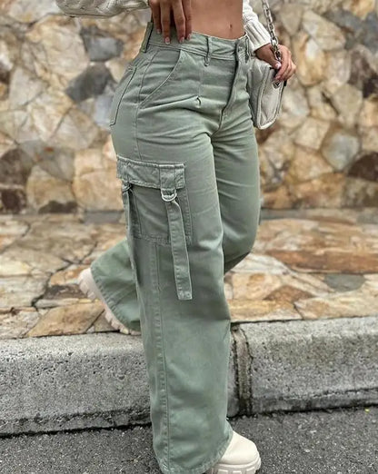 TAMBREET Green Cargo Pants Pocket Design High Waist Button Solid Color Pants 2025 Summer New Fashion Loose Women's Pants Streetwear