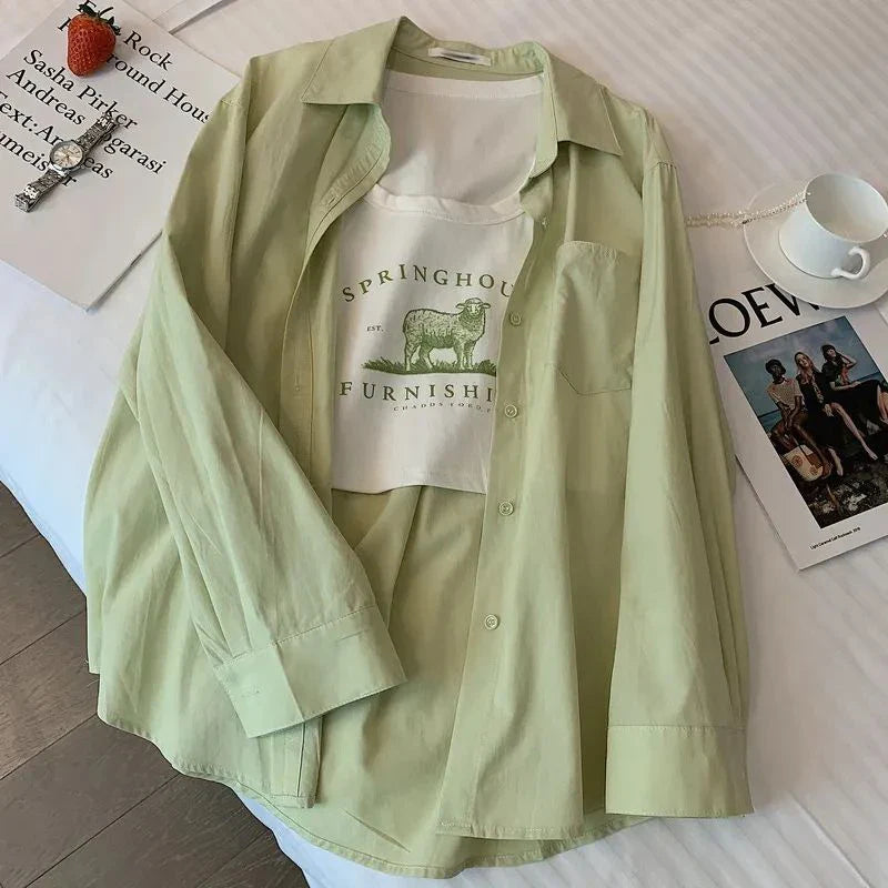 TAMBREET Green Casual Shirt Women Korean Fashion Loose Y2K Cardigan Ladies Top Summer Solid All Match Sweet Long Sleeve Shirt New