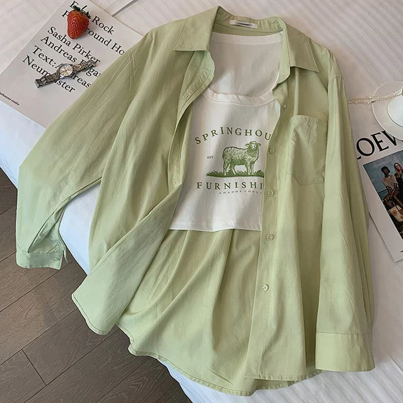 TAMBREET Green Casual Shirt Women Korean Fashion Loose Y2K Cardigan Ladies Top Summer Solid All Match Sweet Long Sleeve Shirt New