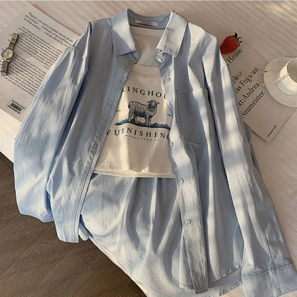 TAMBREET Green Casual Shirt Women Korean Fashion Loose Y2K Cardigan Ladies Top Summer Solid All Match Sweet Long Sleeve Shirt New