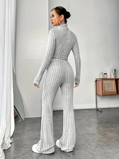 TAMBREET Grey New In Women's Autumn Crop Tops Slim Pants Sets Fashion Elegant Temperament Pullover Two Piece Knitting Suits Fall Clothes