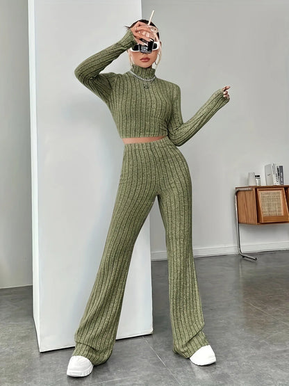 TAMBREET Grey New In Women's Autumn Crop Tops Slim Pants Sets Fashion Elegant Temperament Pullover Two Piece Knitting Suits Fall Clothes