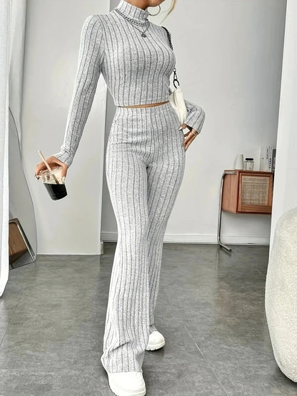 TAMBREET Grey New In Women's Autumn Crop Tops Slim Pants Sets Fashion Elegant Temperament Pullover Two Piece Knitting Suits Fall Clothes