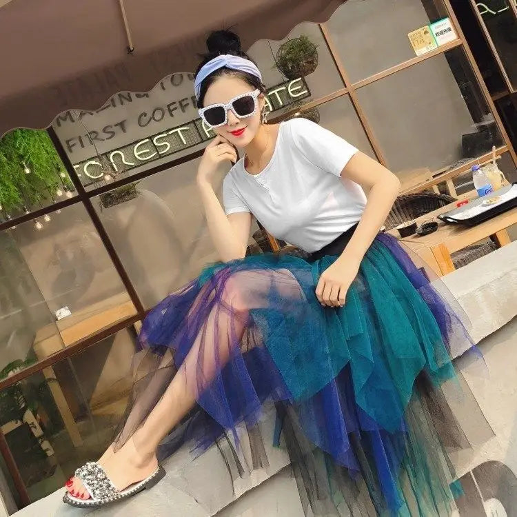 TAMBREET Gradient Color Irregular Tulle Skirt Spring and Summer High Waist Bubble Skirt Long Woman Skirts Mujer Faldas Saias Mulher