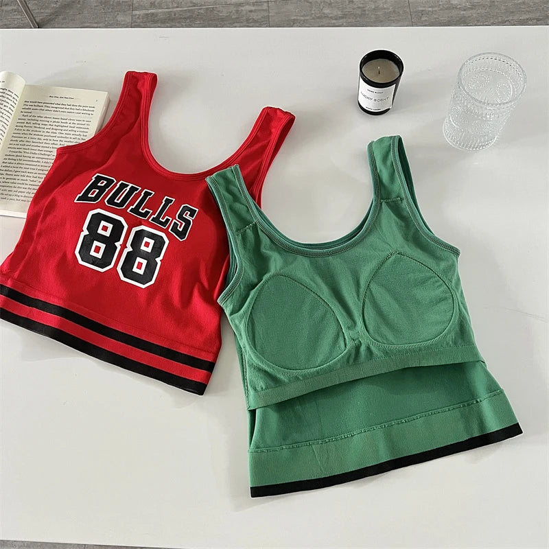 TAMBREET HELIAR Women Summer Letter Print Tank Top With Pad Sleeveless Casual Camisole Solid Basic Tube Top Female Sexy Slim Crop Tops