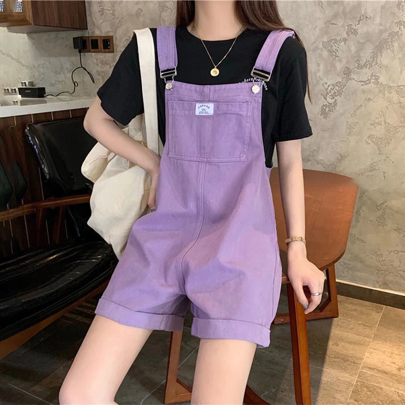 TAMBREET HI-FASHION Summer Vintage Purple Jean Jumpsuit Women Cotton Wide Legs Bib Female Overalls Woman Personality Denim Rompers