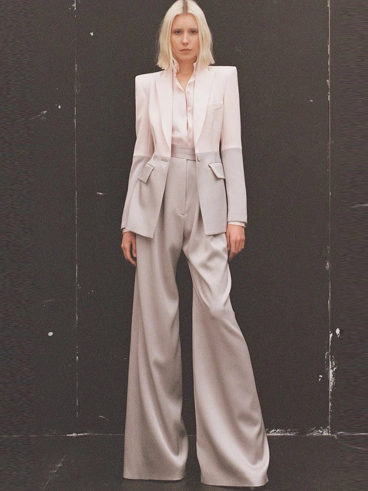 TAMBREET HIGH STREET Newest 2024 S/S Runway Designer Suit Set Women's Career Fashion Single Button Color Block Blazer Wide Pants Suit