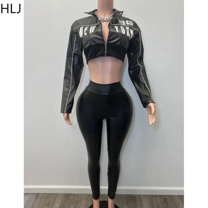 TAMBREET HLJ Black Y2K Fashion Letter Leather Jacket Two Piece Sets Women Zipper Long Sleeve Slim Crop Top And Skinny Pants Outfits 2025