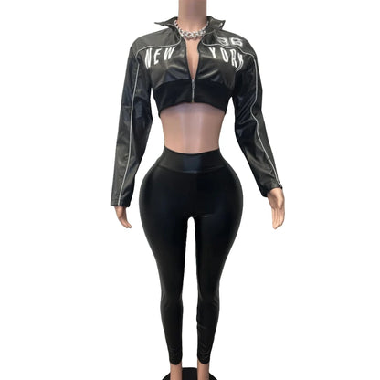 TAMBREET HLJ Black Y2K Fashion Letter Leather Jacket Two Piece Sets Women Zipper Long Sleeve Slim Crop Top And Skinny Pants Outfits 2025