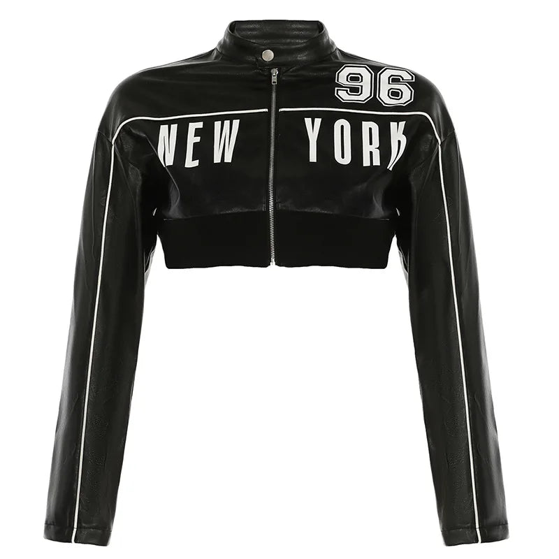 TAMBREET HLJ Black Y2K Fashion Letter Leather Jacket Two Piece Sets Women Zipper Long Sleeve Slim Crop Top And Skinny Pants Outfits 2025