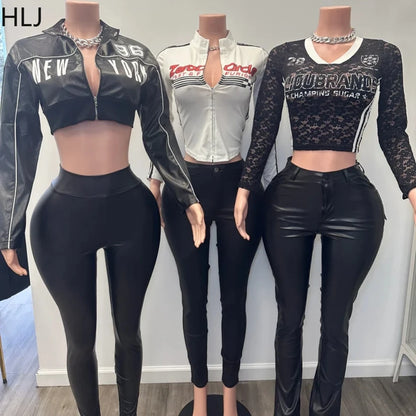 TAMBREET HLJ Black Y2K Fashion Letter Leather Jacket Two Piece Sets Women Zipper Long Sleeve Slim Crop Top And Skinny Pants Outfits 2025