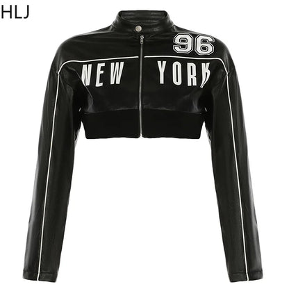 TAMBREET HLJ Black Y2K Fashion Letter Leather Jacket Two Piece Sets Women Zipper Long Sleeve Slim Crop Top And Skinny Pants Outfits 2025