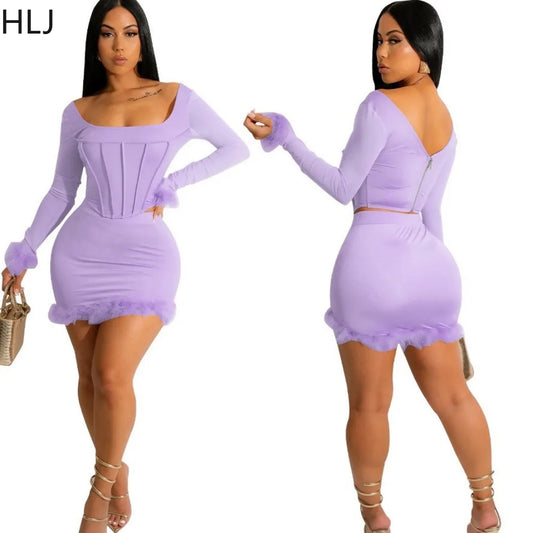 TAMBREET HLJ Fashion Hot Girl Bodycon Feather Splicing Mini Skirts Two Piece Sets Women Long Sleeve Corset Top And Skirt Nightclub Outfit