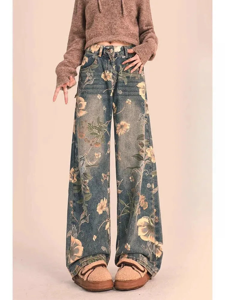 TAMBREET HOUZHOU Y2K Floral Printed Jeans for Women Harajuku High Waisted Denim Pants Female Retro Loose Casual Streetwear Trousers