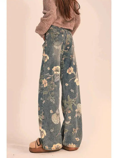 TAMBREET HOUZHOU Y2K Floral Printed Jeans for Women Harajuku High Waisted Denim Pants Female Retro Loose Casual Streetwear Trousers