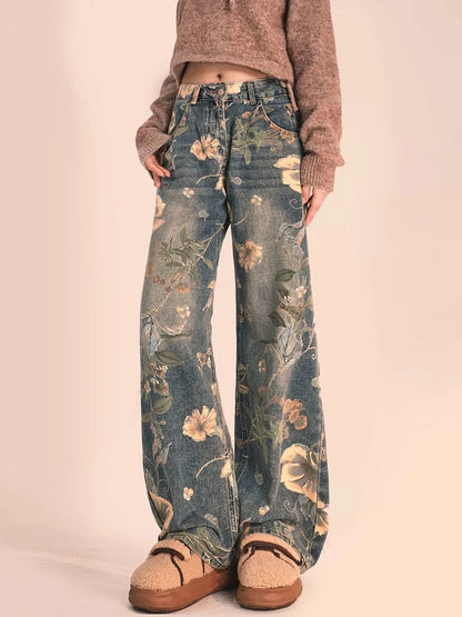 TAMBREET HOUZHOU Y2K Floral Printed Jeans for Women Harajuku High Waisted Denim Pants Female Retro Loose Casual Streetwear Trousers