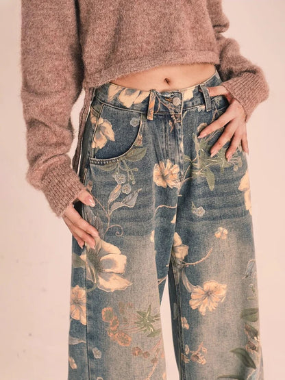 TAMBREET HOUZHOU Y2K Floral Printed Jeans for Women Harajuku High Waisted Denim Pants Female Retro Loose Casual Streetwear Trousers