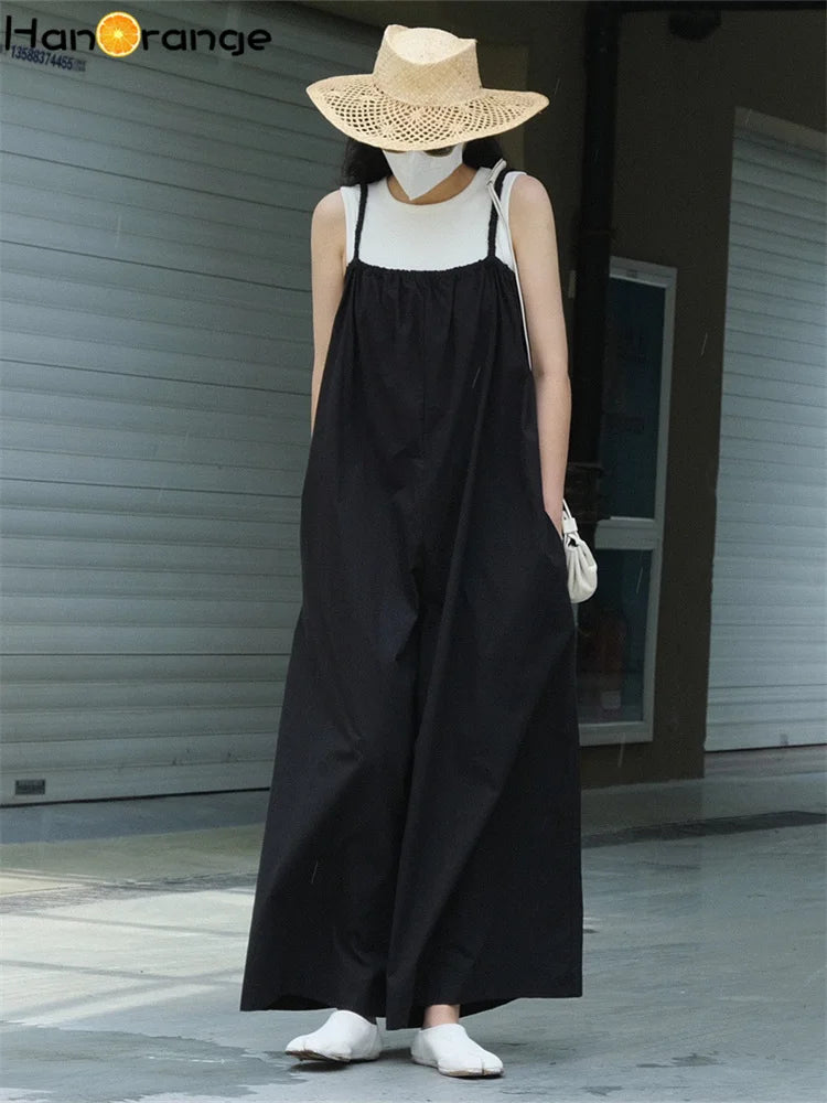 TAMBREET HanOrange 2024 Summer Fashion Elastic Rompers Women Overalls Loose Wide Leg Thin Casual Female Jumpsuits Black/green