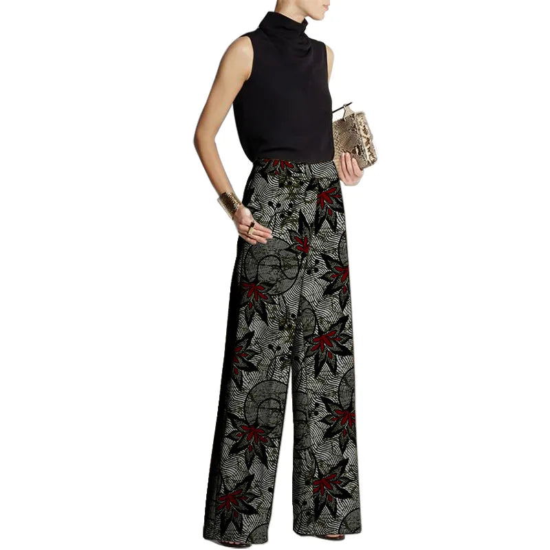 TAMBREET Hand Cut Ankara Fashion Women Wide Leg Pants Female African Print Bottoms Party Wear