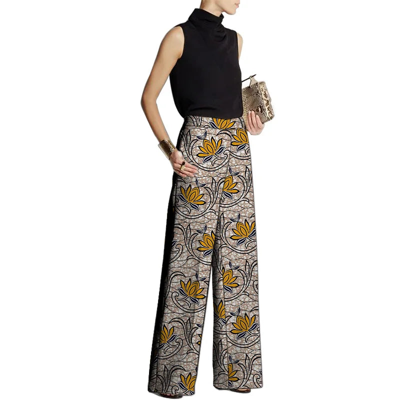 TAMBREET Hand Cut Ankara Fashion Women Wide Leg Pants Female African Print Bottoms Party Wear