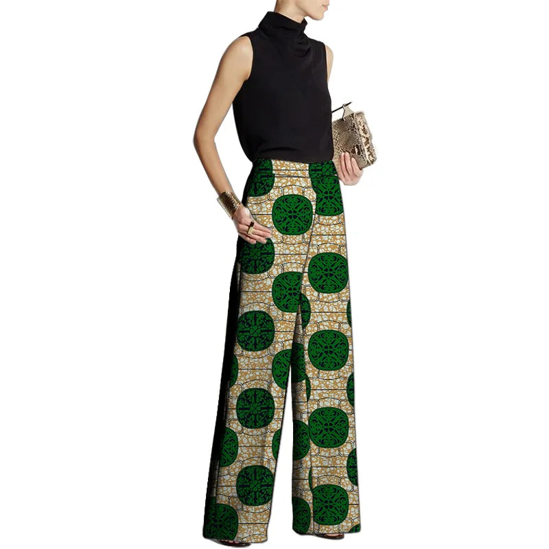 TAMBREET Hand Cut Ankara Fashion Women Wide Leg Pants Female African Print Bottoms Party Wear