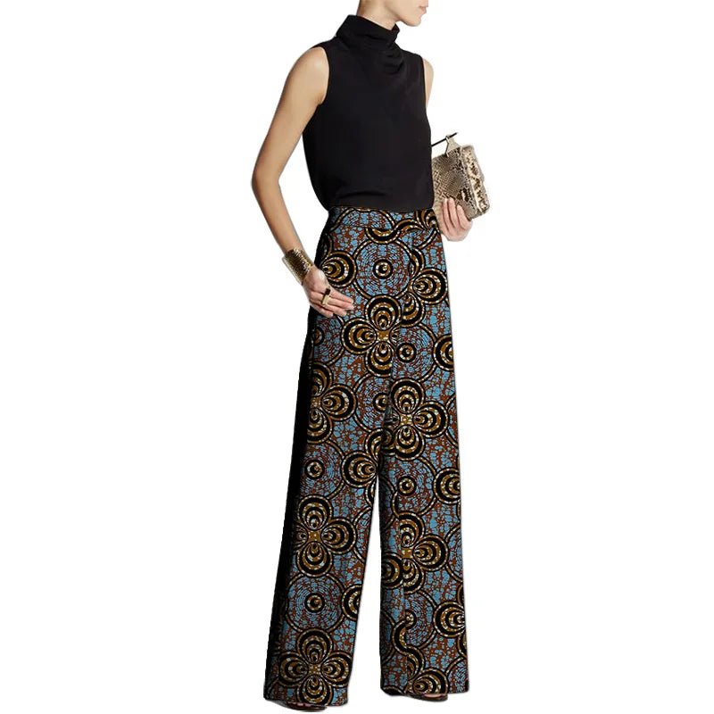 TAMBREET Hand Cut Ankara Fashion Women Wide Leg Pants Female African Print Bottoms Party Wear