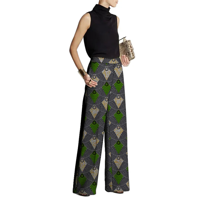 TAMBREET Hand Cut Ankara Fashion Women Wide Leg Pants Female African Print Bottoms Party Wear