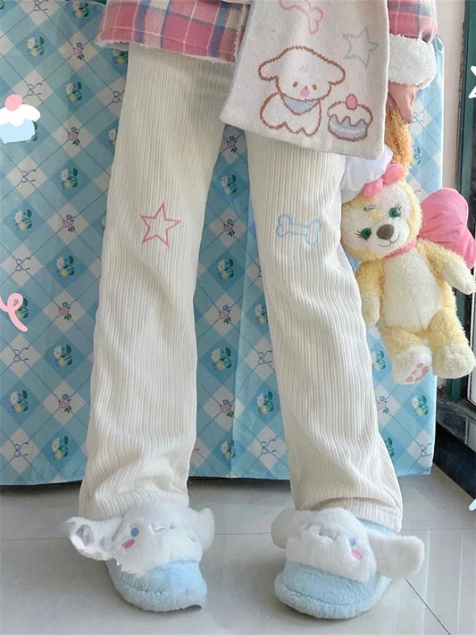 TAMBREET Harajuku Cute White Corduroy Pants Women Japanese Y2K Kawaii Sweet Wide Leg Trousers Embroidery Girly Fleece Sweatpants