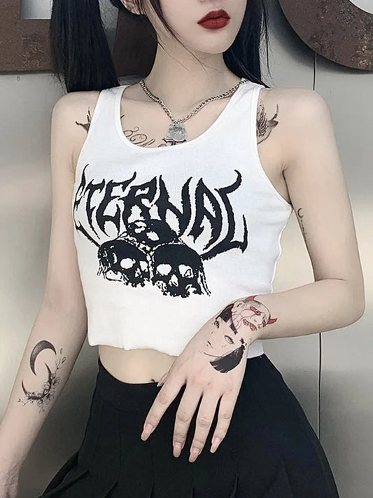 TAMBREET Harajuku Punk Goth Sexy Crop Tops Women's Summer Mujer 90s Grunge Graphic Skull Print Tops Fashion Sleeveless Slim Vest Tank Top