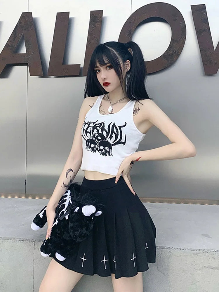 TAMBREET Harajuku Punk Goth Sexy Crop Tops Women's Summer Mujer 90s Grunge Graphic Skull Print Tops Fashion Sleeveless Slim Vest Tank Top